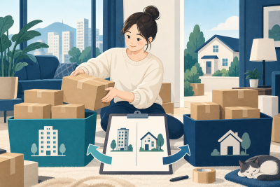 이삿짐을 두 곳으로 나눠 보낼 때 목적지별 목록 만드는 방법 관련 설명용 삽화